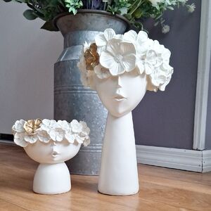 Elegant Floral Head Planter Set - White and Gold